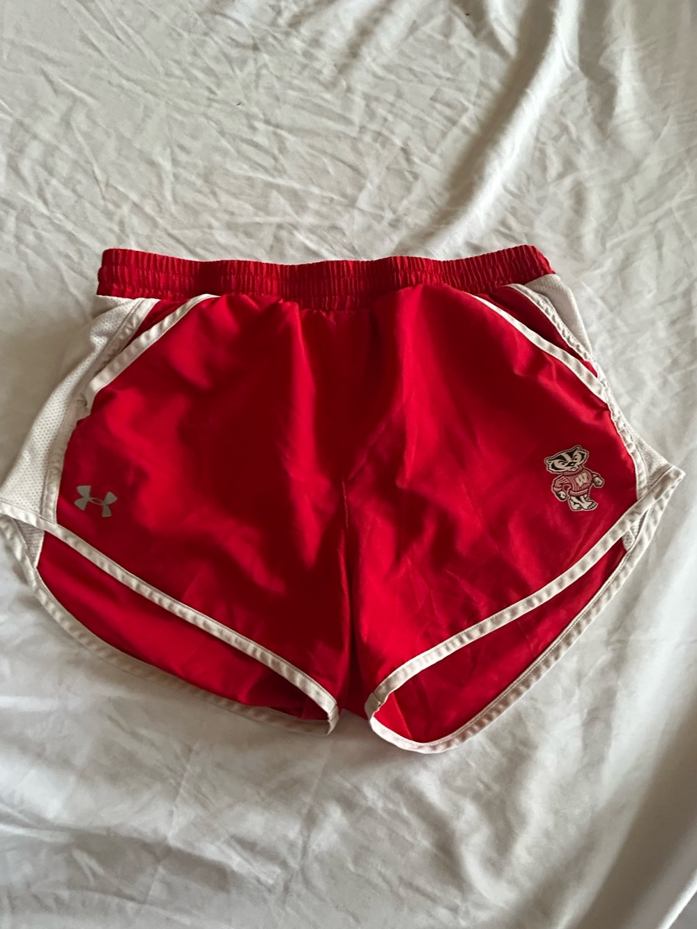 Under Armour Women's Red Athletic Running Shorts with Wisconsin Badger logo